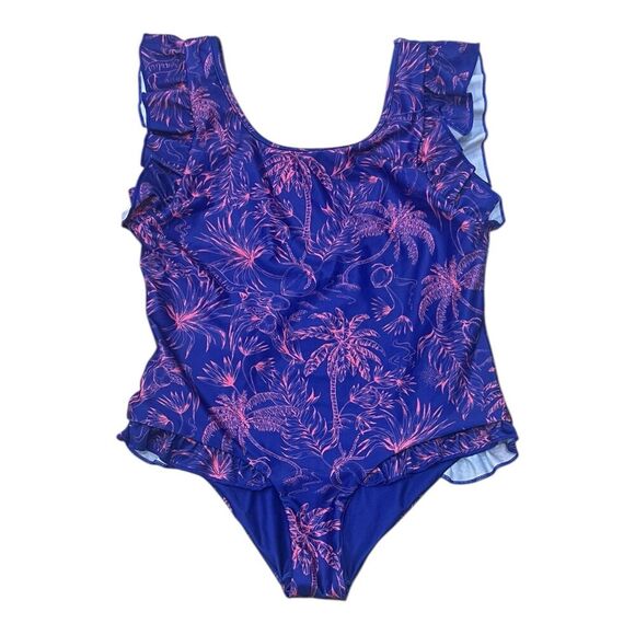 Boardies Purple Palms Ruffle One-Piece Swimsuit Girl 12-13 - Picture 1 of 3